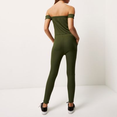 Khaki green ribbed bardot jumpsuit